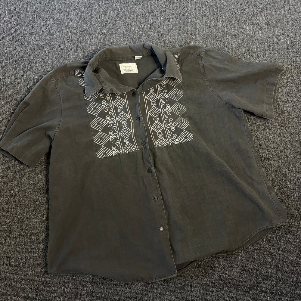 Vintage Y2k Black White Hawaiian Beach Embroidered Button Front Cotton Shirt XL